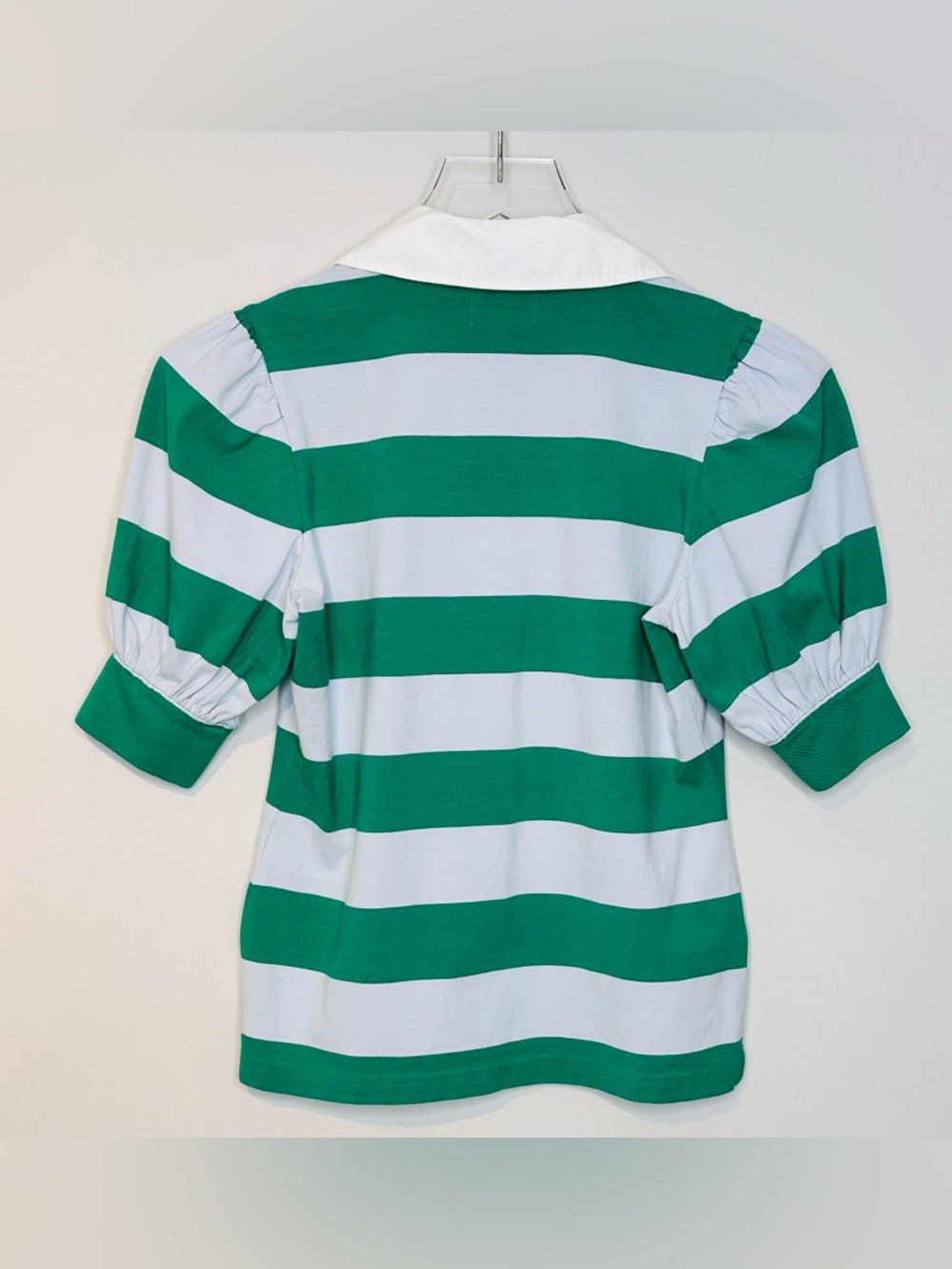 Anthro Maeve Puff Sleeve Green Blue Stripe Rugby Polo Shirt Top NWT - Picture 5 of 15